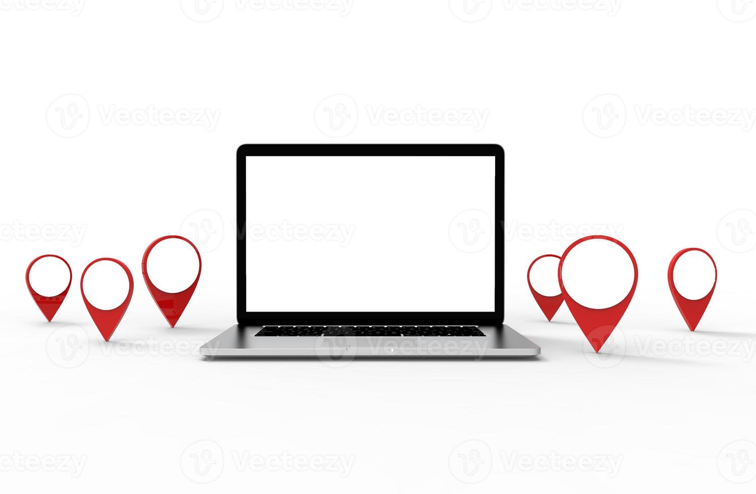 Location icon and modern laptop isolated on white background. 3D Illustration. photo