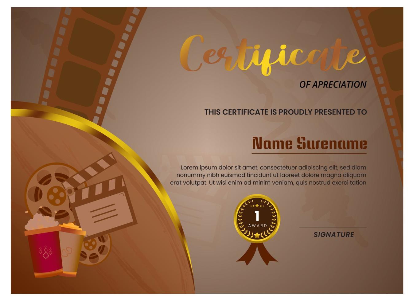 certificado de película de cine con línea dorada y plantilla de color chocolate vector