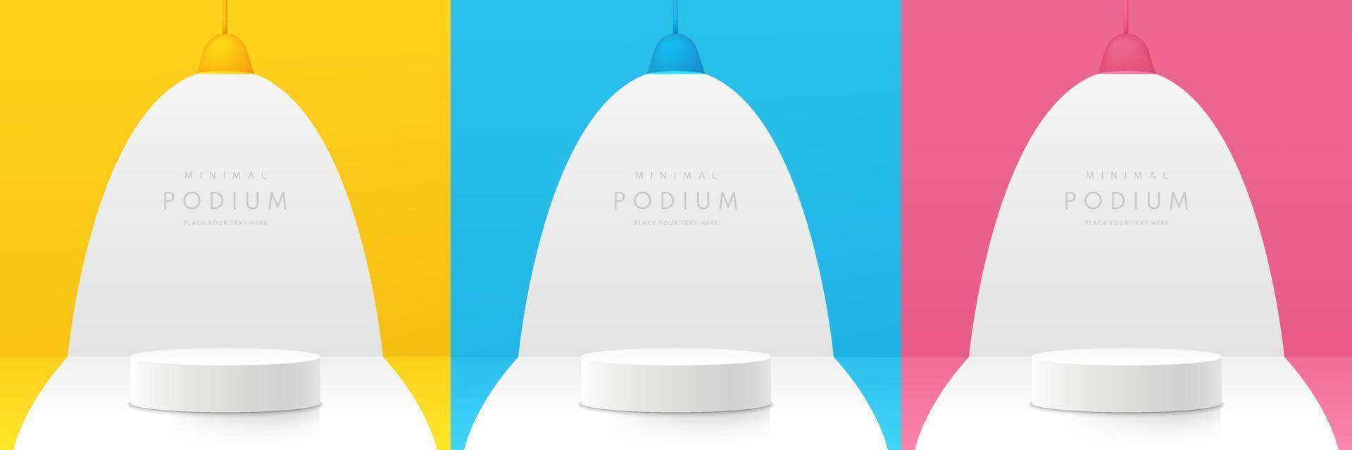 Set of pink, yellow, blue and white realistic 3d cylinder pedestal podium in pastel abstract room. Vector geometric forms. Minimal wall scene for products stage for showcase, Promotion mockup display.