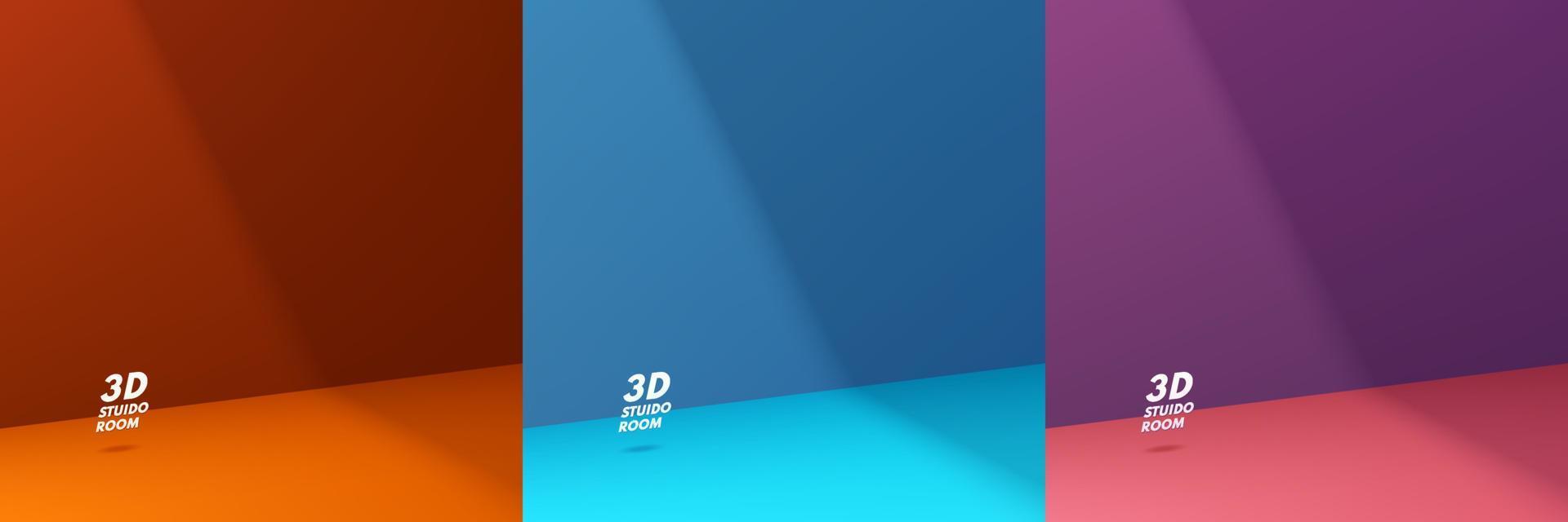 Set of trendy color 3D abstract room in shadow. Realistic blue, pink, purple and orange background for product display. Minimal wall scene for mockup products ,Stage for showcase, Promotion display. vector