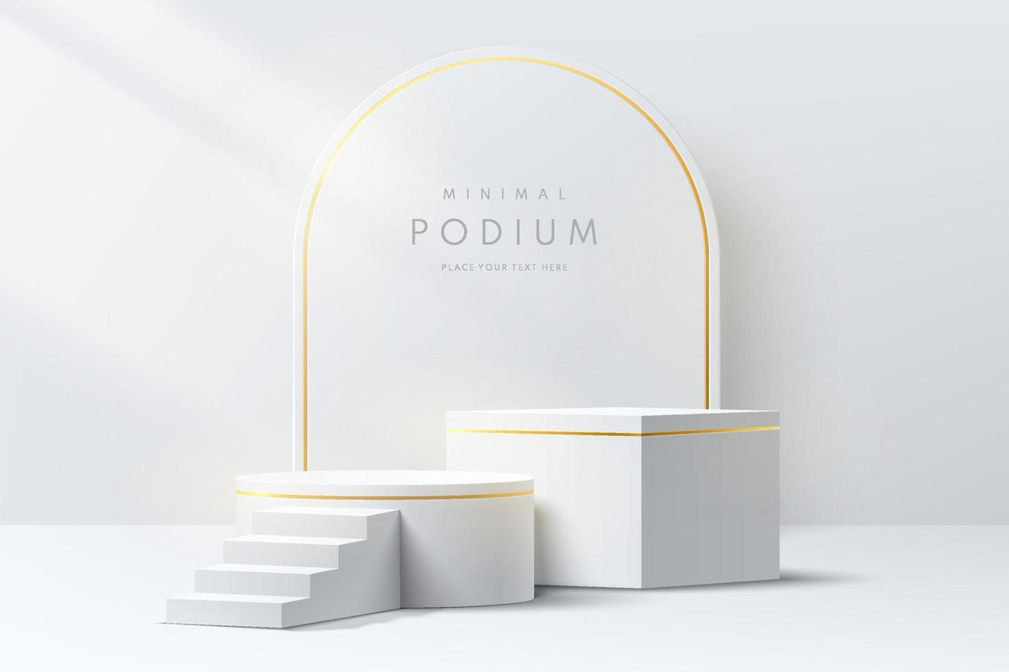 Realistic white and golden 3D cube and cylinder pedestal podium set in clean abstract room. Luxury minimal scene for mockup products stage showcase, promotion display. Vector geometric forms design.
