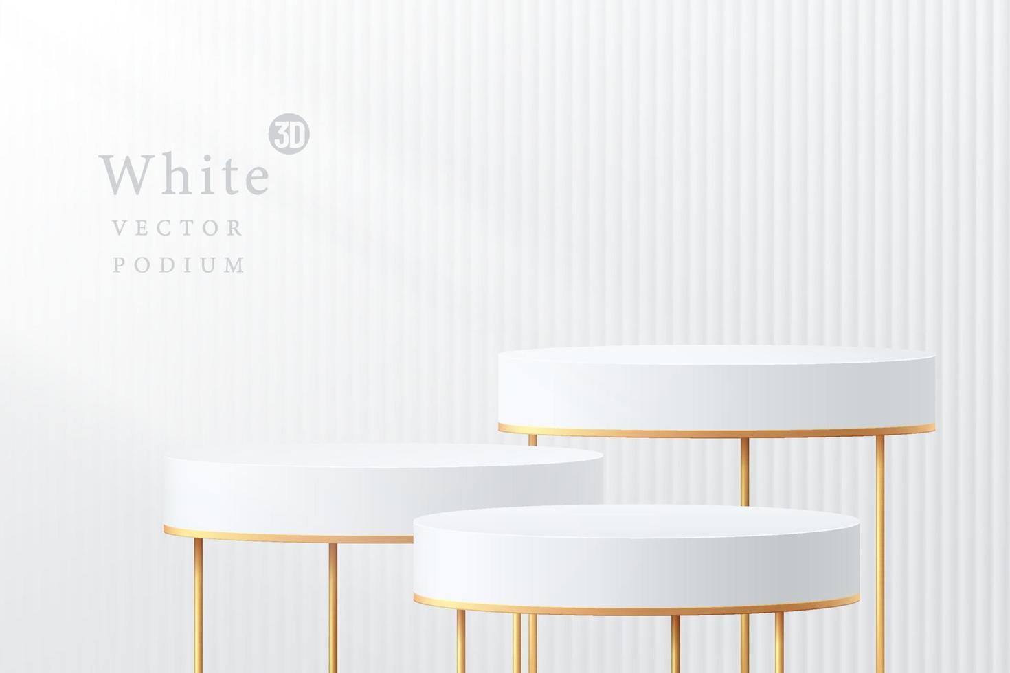 podio de pedestal de cilindro blanco realista con caballete dorado y fondo de patrón vertical. habitación abstracta vectorial con formas geométricas 3d. escena mínima de lujo para exhibición de productos, exhibición de promoción. vector