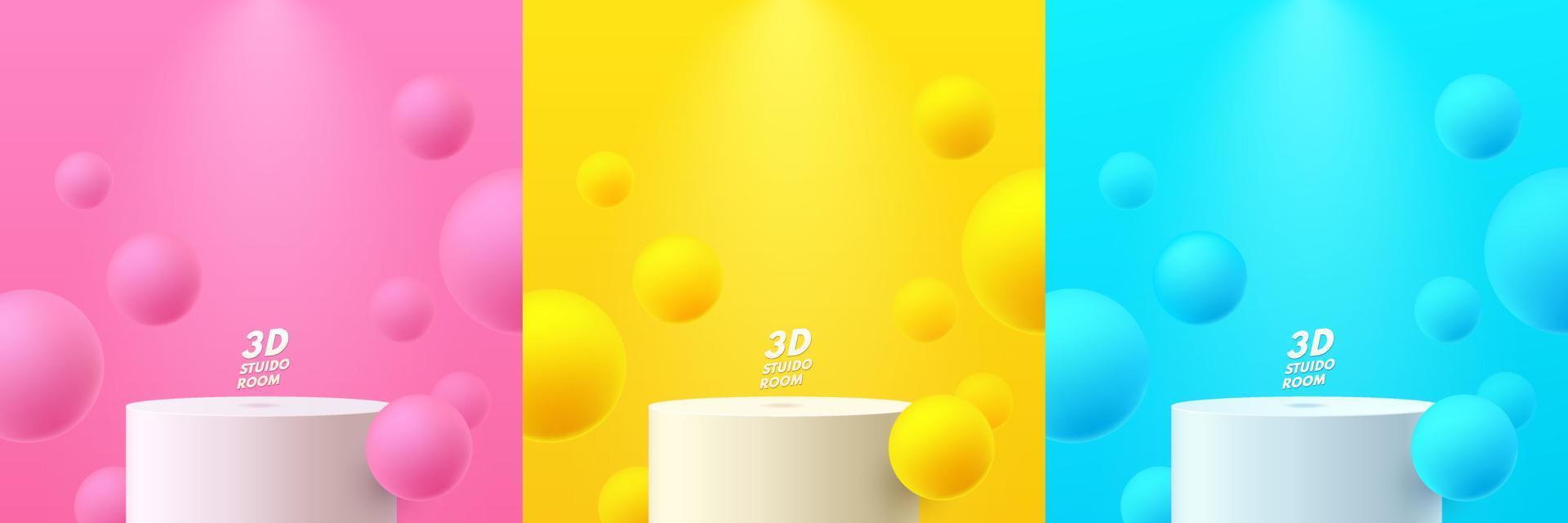 Set of white realistic 3d cylinder stand podium in yellow, blue and pink abstract room with sphere ball flying. Vector geometric forms. Minimal scene for mockup products showcase, Promotion display.