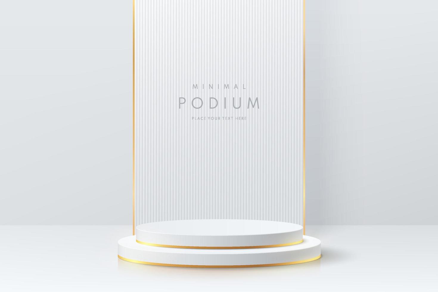 Realistic white and gold cylinder pedestal podium with vertical pattern background. Vector abstract studio room with 3D geometric forms. Luxury minimal scene for products showcase, Promotion display.