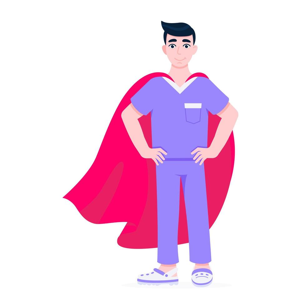 Young male nurse hospital medical employee with hero cape behind vector