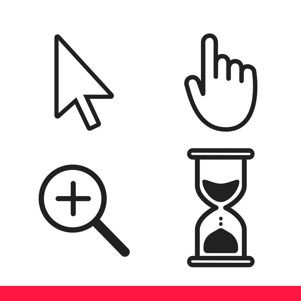 Pointer hand, arrow, hourglass loading clock mouse, magnifier cursors icon sign. vector