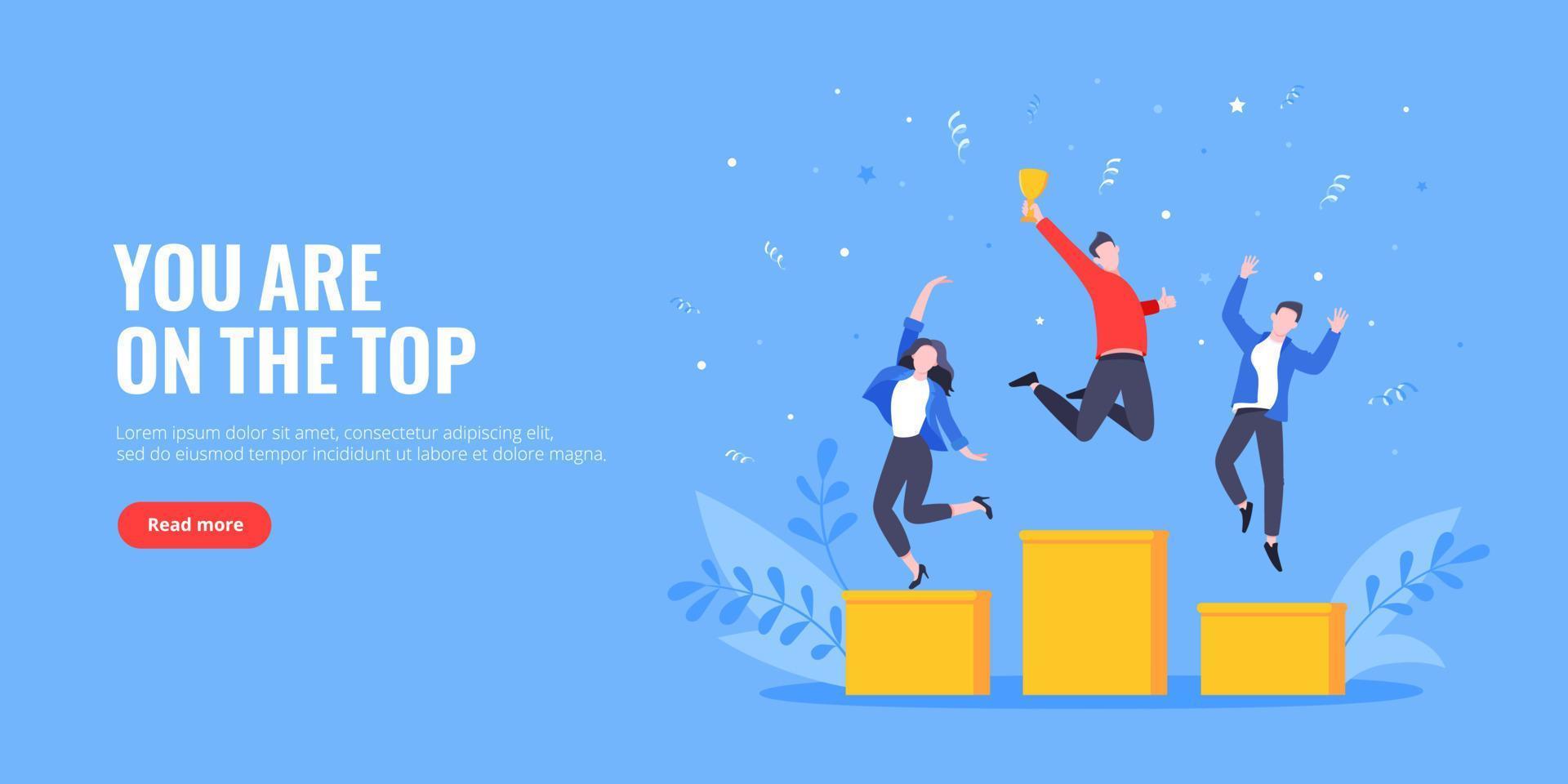 People standing on the podium rank first three places, jumps in the air with trophy cap. vector