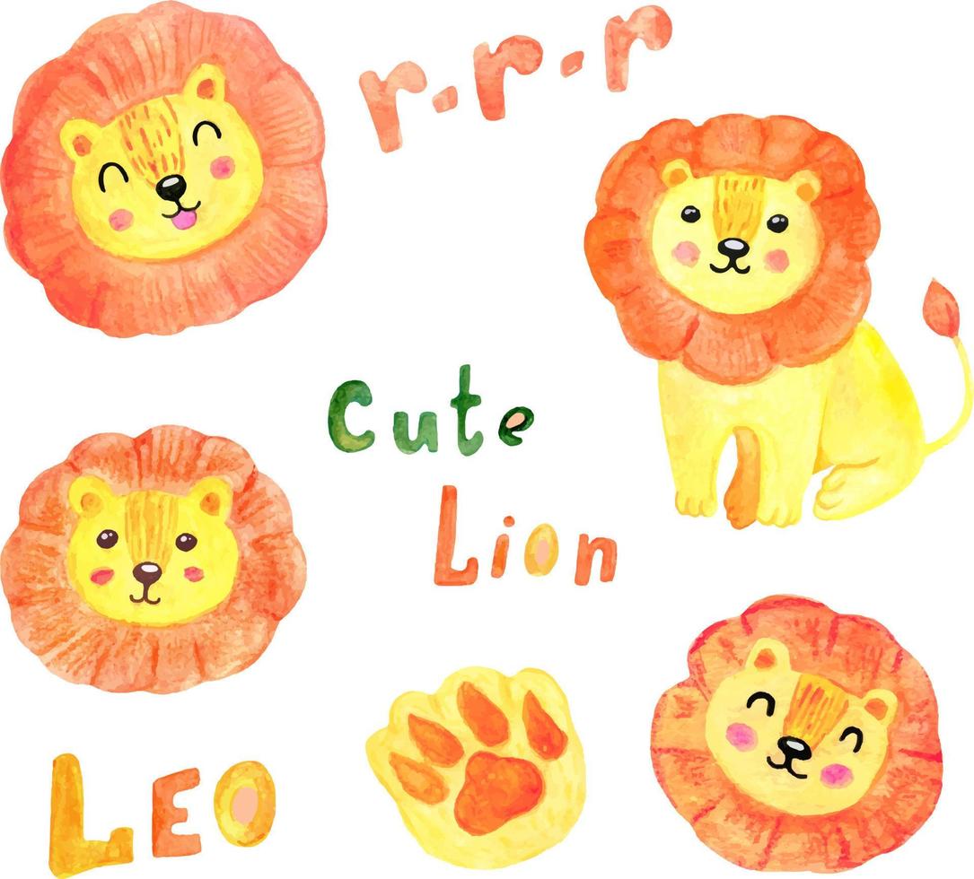 Collection with cute cartoon watercolor lions, hand-drawn illustration vector