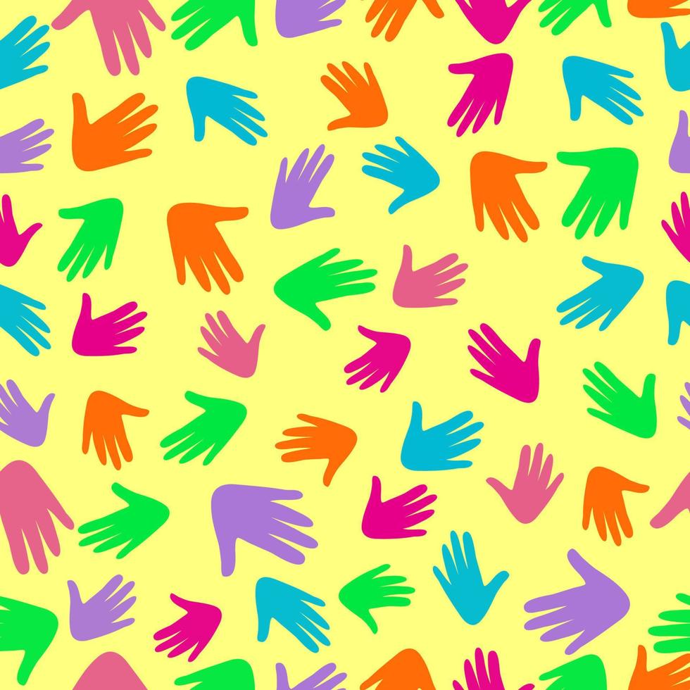 Colorful vector pattern with illustration of a people s hands with different skin color together. Race equality, diversity, tolerance illustration. Can be used for backgrounds or prints.