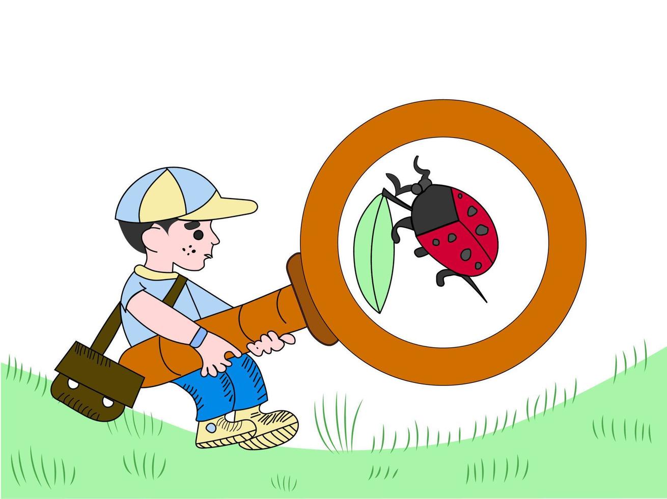 Cartoon boy exploring the world, with a huge magnifying glass. Funny ladybug inside. eps 10 vector