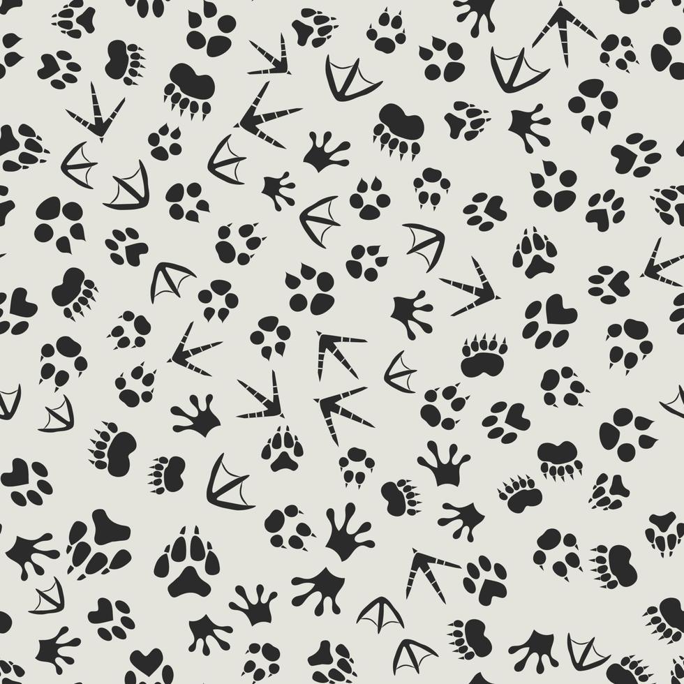 Animal tracks black and white background with seamless footprints of birds and mammals pattern. Wildlife backdrop or tracking and hunting theme design vector