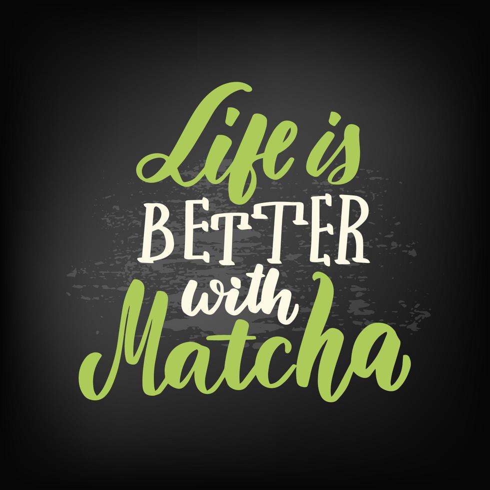 Life is better with Matcha. Matcha hand drawn vector lettering word with leaf decor. For packing, stickers, napkins, postcards. Design element, vector text, calligraphy vector