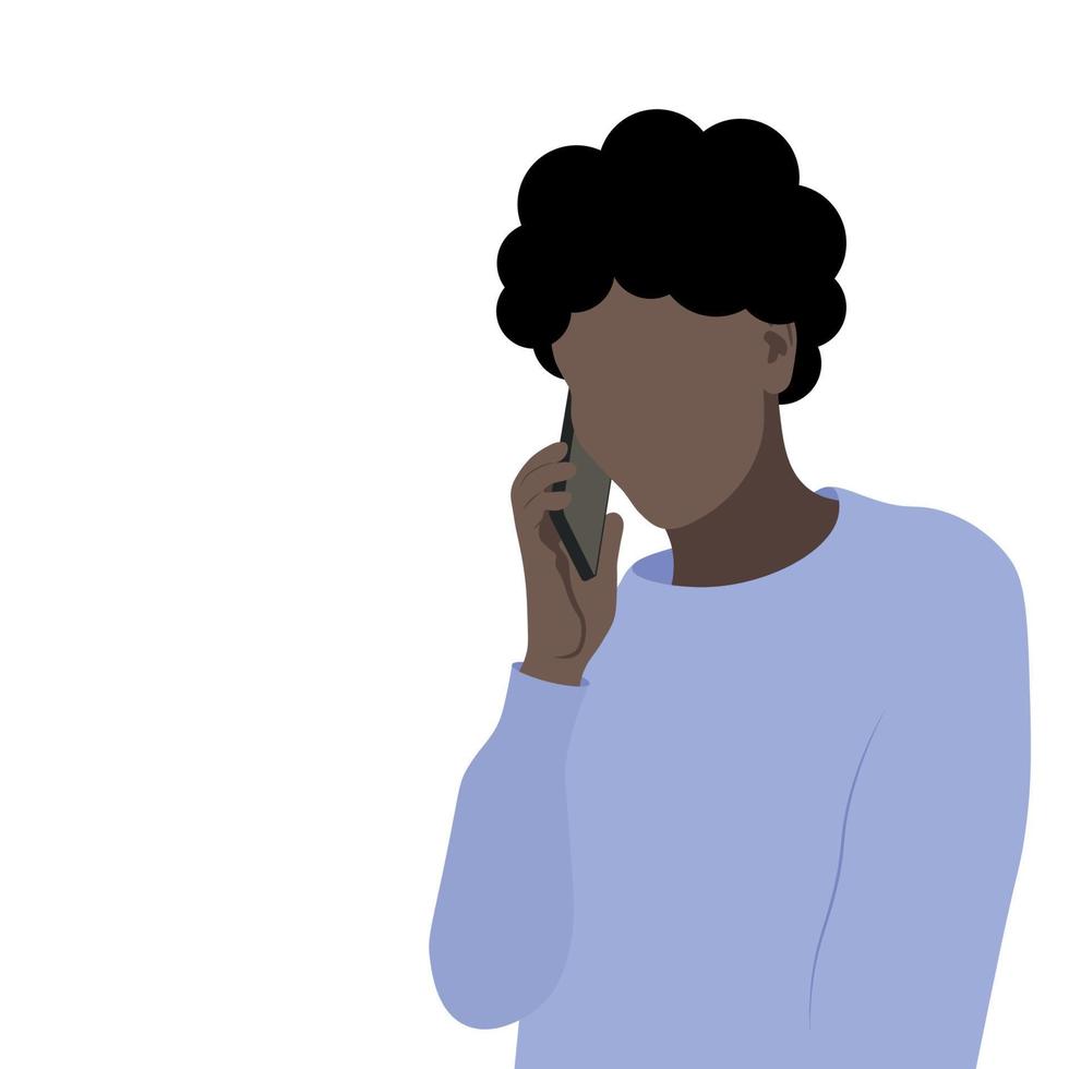 retrato de una joven de piel oscura con un teléfono en la mano, ilustración vectorial sin rostro aislada en un fondo blanco vector