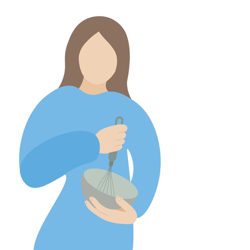 Girl with bowl and whisk, flat vector, isolated on white background, faceless illustration, cooking vector