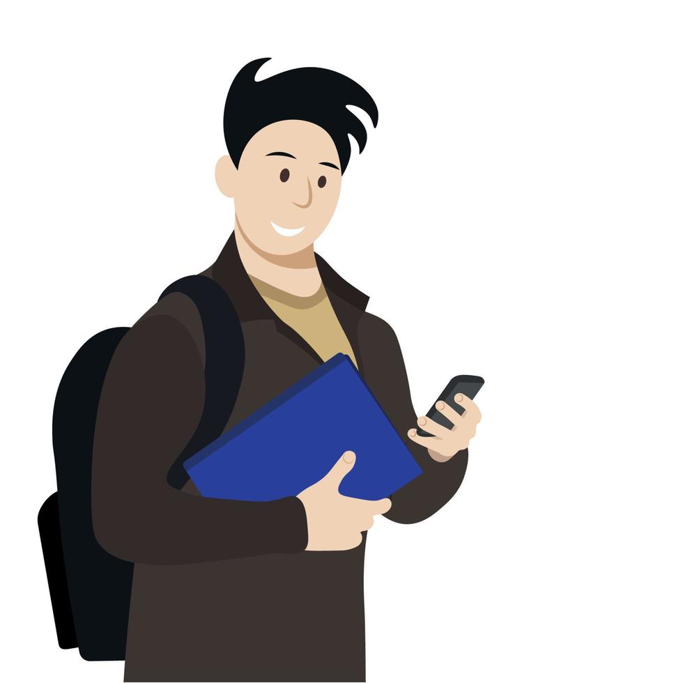 Portrait of a cheerful student with books in one hand and a phone in the other, isolated on white, flat vector, happy student vector