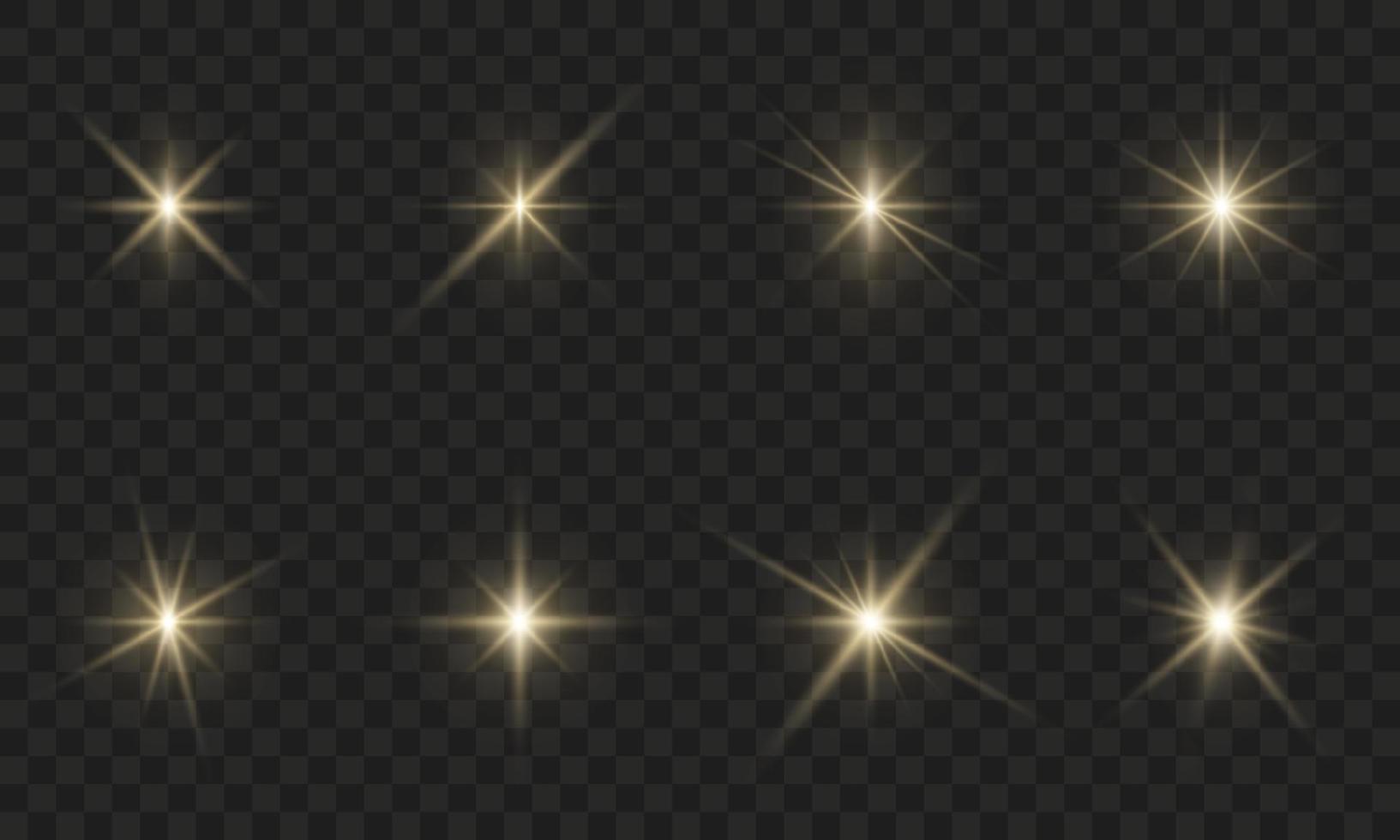 estrella dorada con destellos sobre fondo transparente. efecto de brillo de haz de luz dorada. conjunto festivo de brillo brillante. bokeh resplandor brillo brillante. bengala iluminada con ráfaga de oro. ilustración vectorial aislada. vector