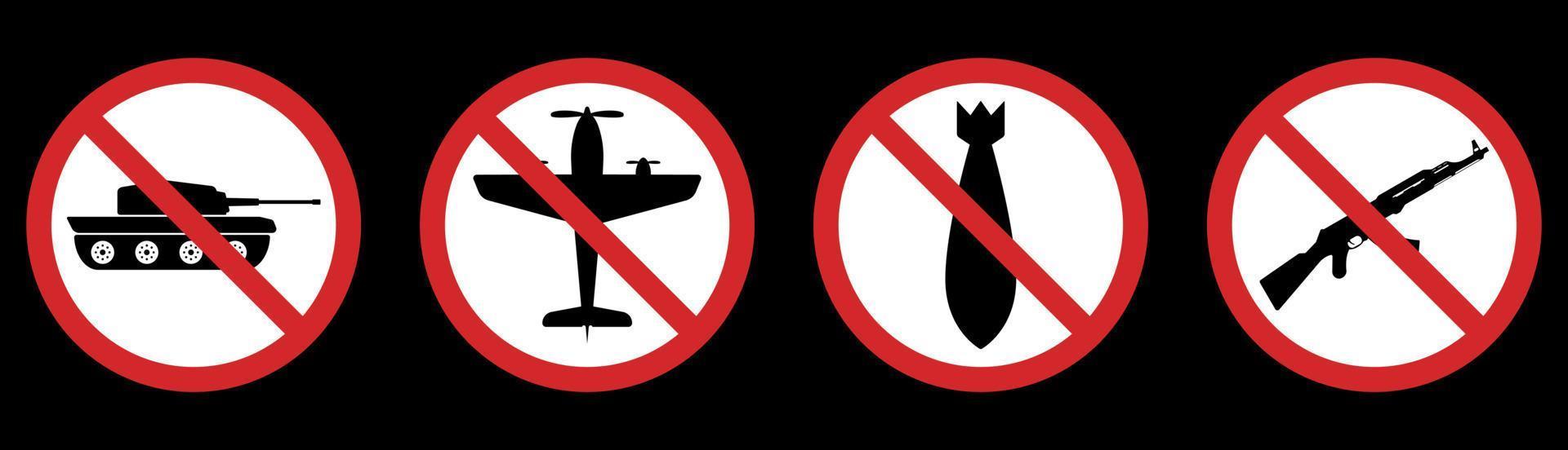 Red Stop Sign Military Weapon Glyph Pictogram Collection. No War Symbol Silhouette Icon Set. No Army Only Peace Symbol. Warning Tank, War Plane, Nuclear Bomb, AK 47 Icon. Isolated Vector Illustration.