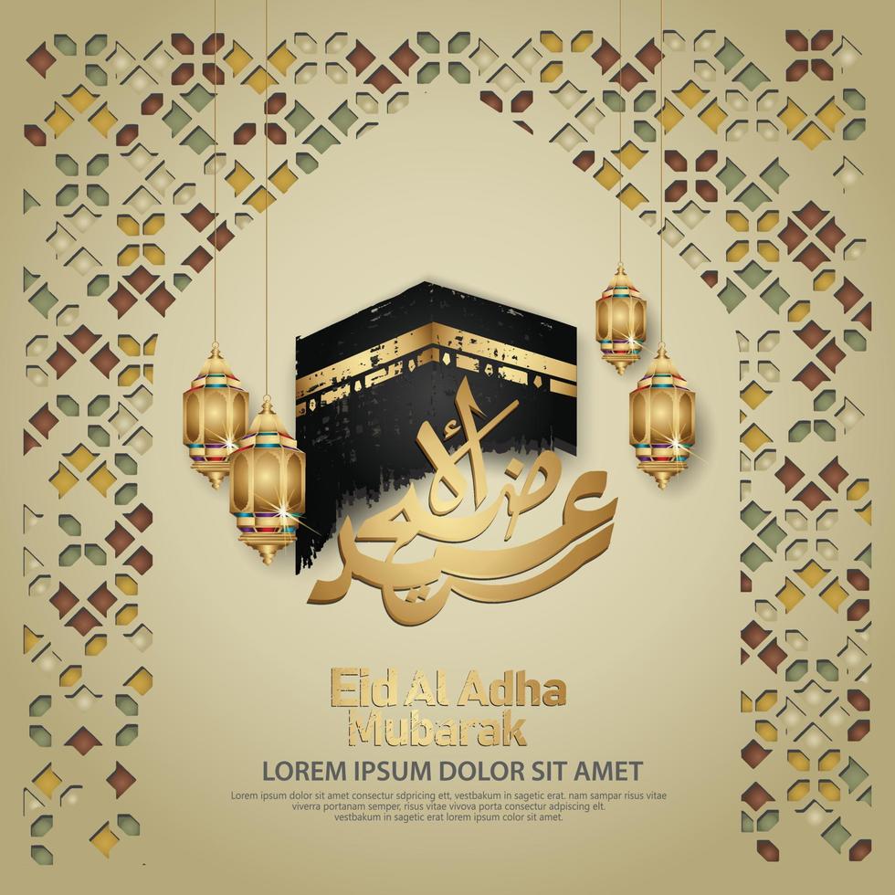 saludo islámico con caligrafía eid al adha, símbolo kaaba, linterna y adorno de mosaico. ilustración vectorial vector