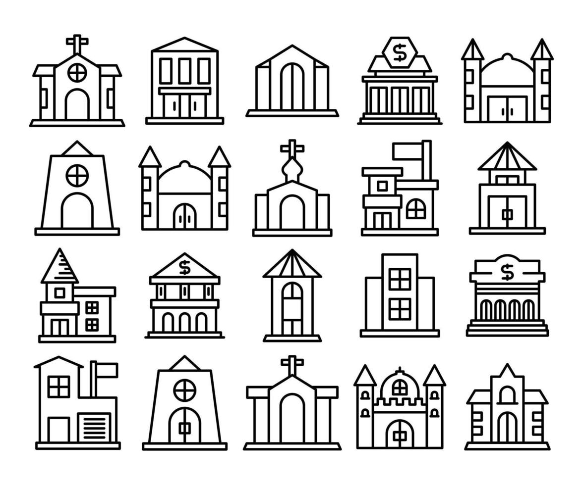 church, castle building line icons set vector