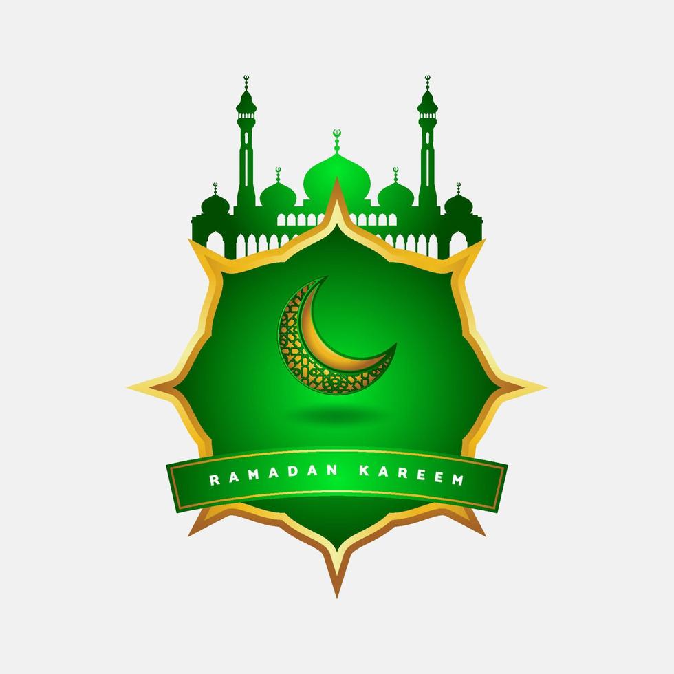 Green and gold color design for Ramadan Kareem Arabic Calligraphy with mosque silhouette, crescent moon and Islamic lanterns. vector