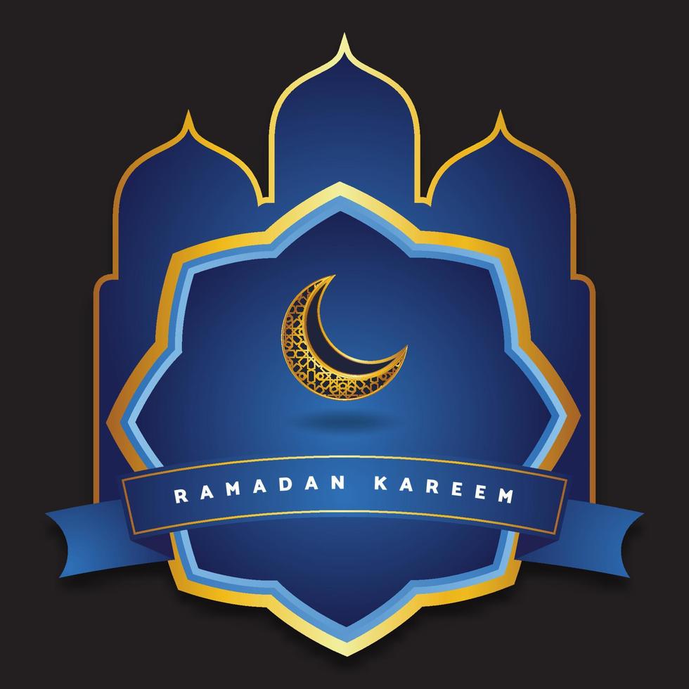 diseño de color azul y dorado para la caligrafía árabe ramadan kareem con silueta de mezquita, luna creciente y linternas islámicas vector