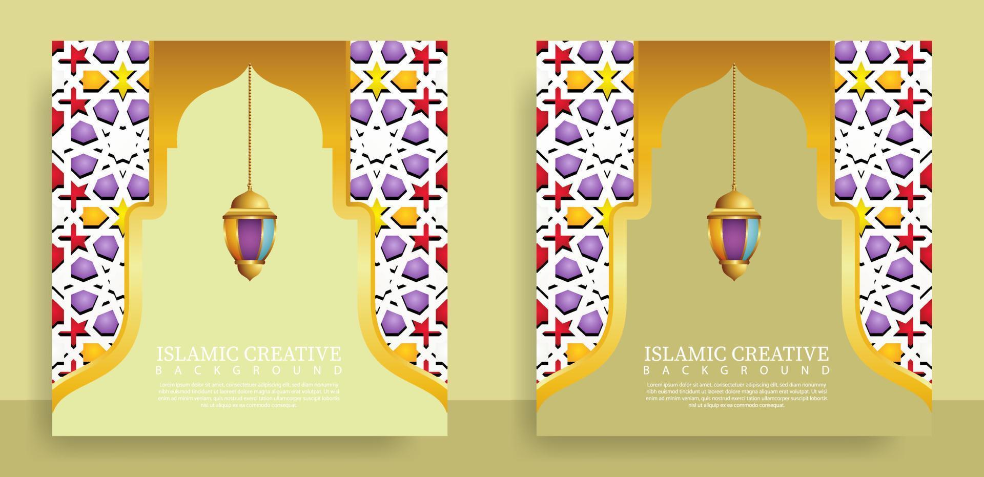 establezca la plantilla de fondo islámico de tarjeta de felicitación con técnica de diseño hecha con textura y detalles coloridos decorativos de adornos de arte islámico mosaico floral ilustración vectorial vector