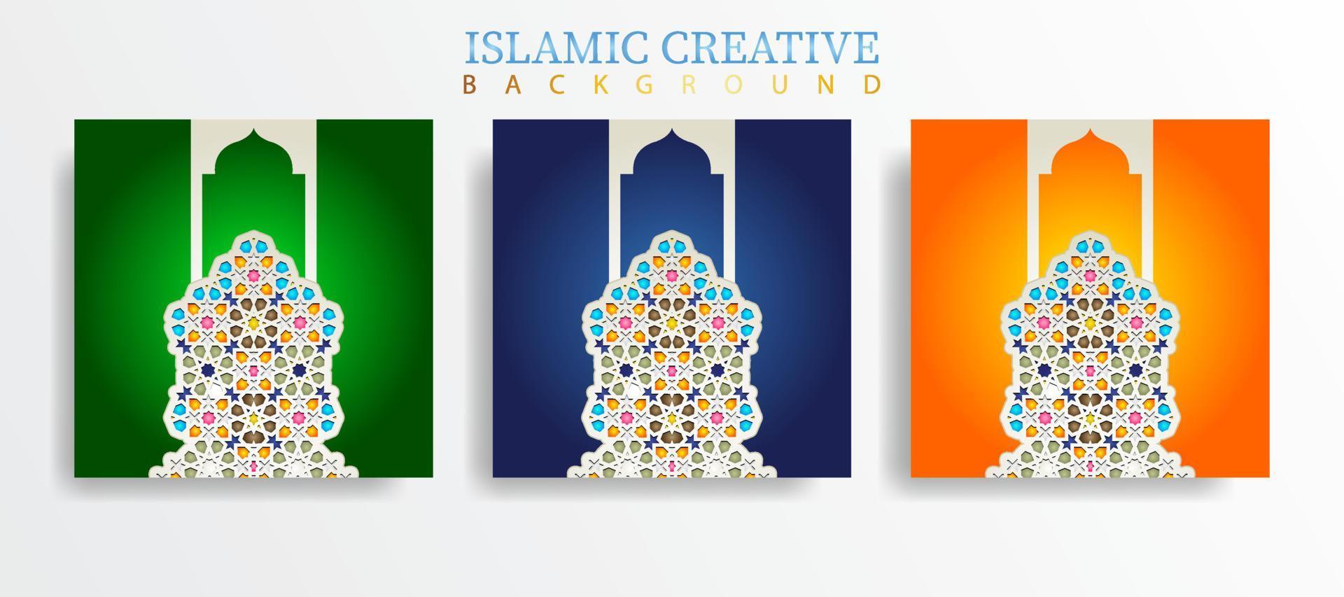 Set greeting card islamic background template with design technique made with texture and decorative colorful details of Islamic art ornaments floral mosaic vector illustration