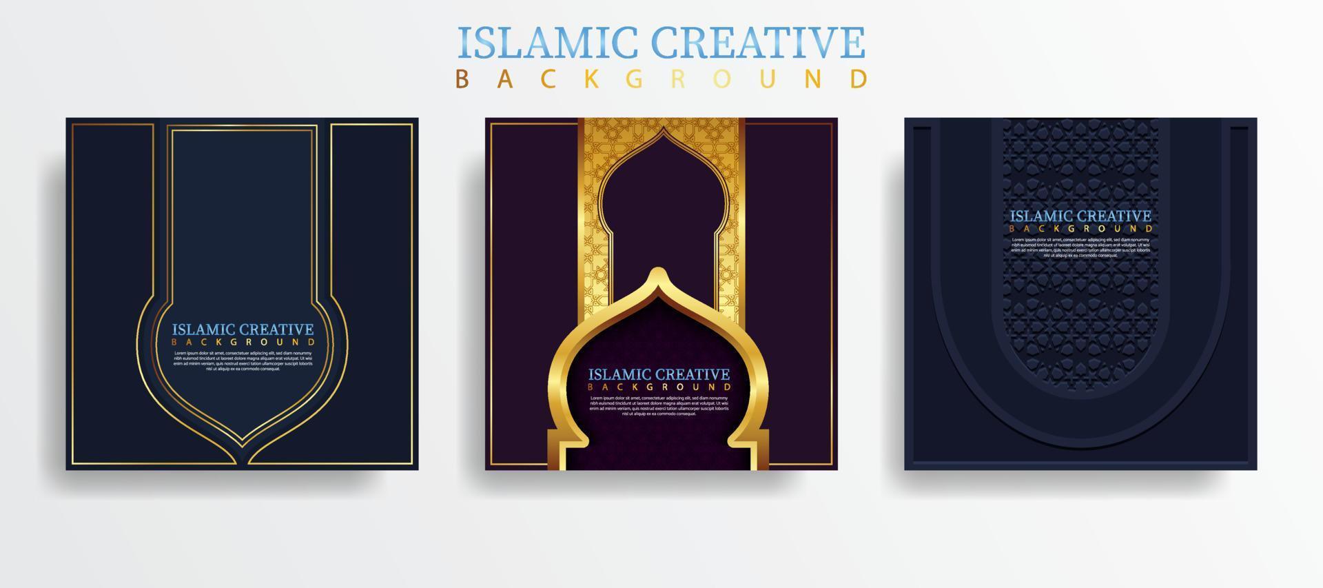 Set greeting card islamic background template with design technique made with texture and decorative colorful details of Islamic art ornaments floral mosaic vector illustration