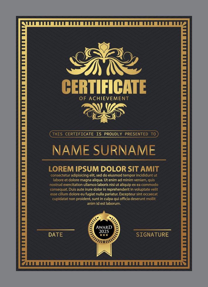 Certificate Design. Diploma currency border template. Dark colored gift voucher award background. vector