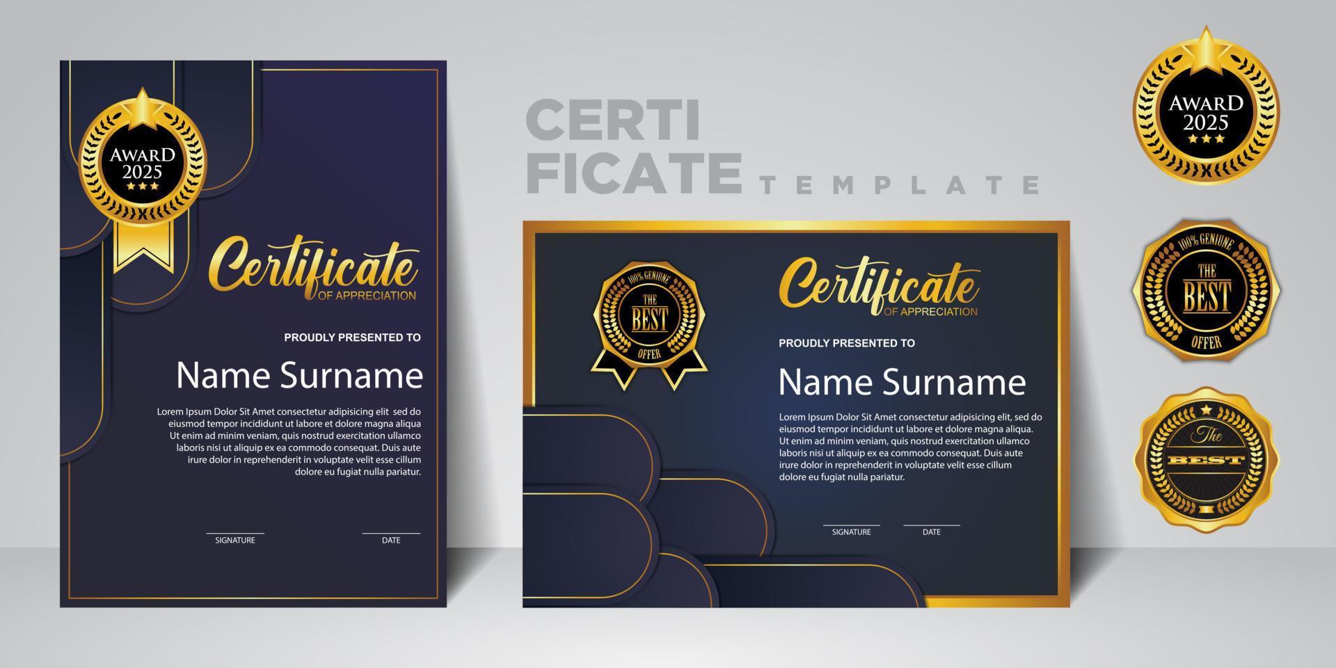 plantilla de certificado moderno en gradación y colores dorados, lujo y estilo moderno e imagen vectorial de estilo de premio. adecuado para la apreciación. vector premium.