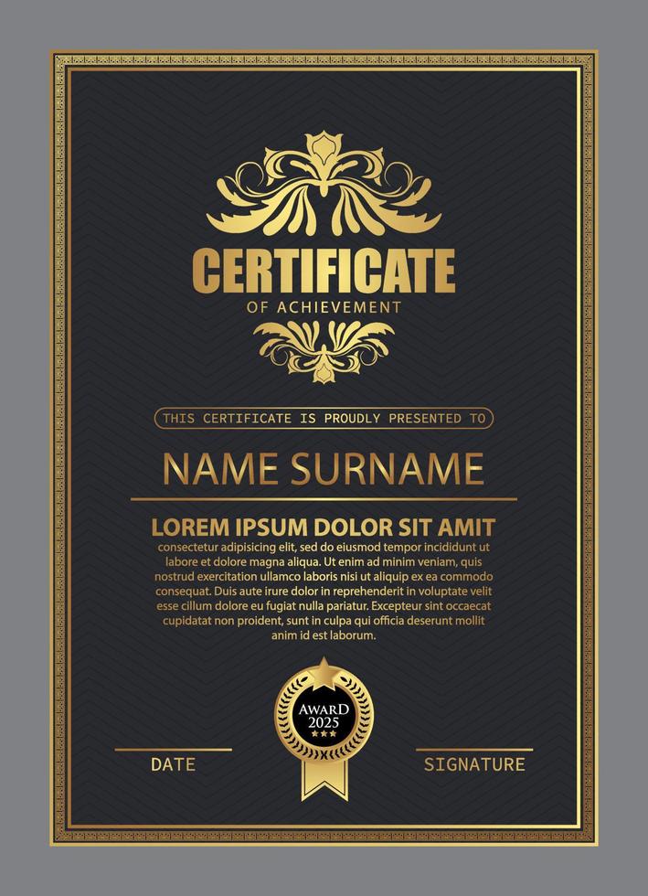 Certificate Design. Diploma currency border template. Dark colored gift voucher award background. vector