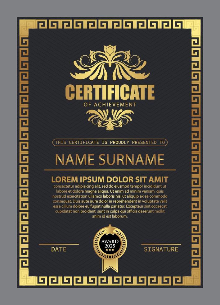 Certificate Design. Diploma currency border template. Dark colored gift voucher award background. vector