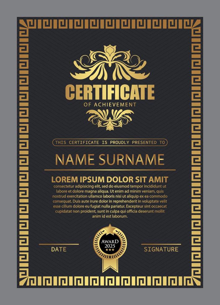 Certificate Design. Diploma currency border template. Dark colored gift voucher award background. Vector Illustration - Template Design