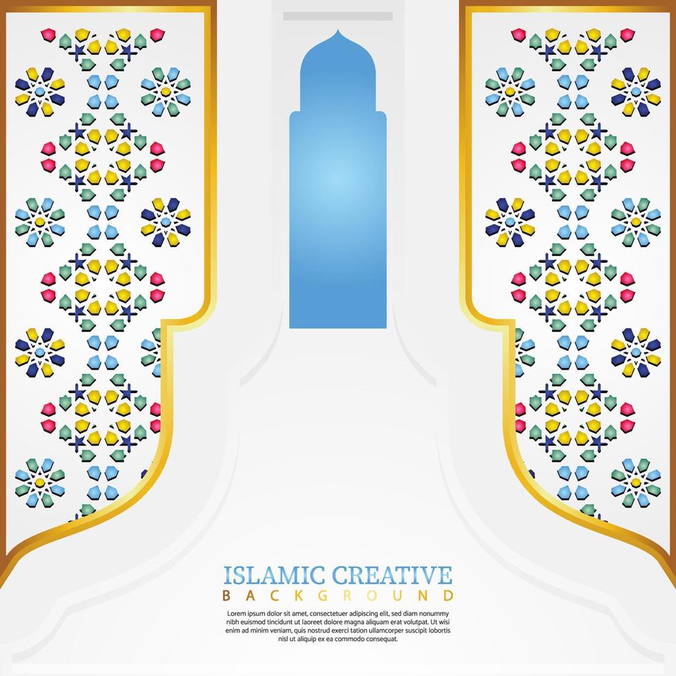 Islamic design greeting card background template with decorative colorful details of Islamic art ornaments floral mosaic vector illustration