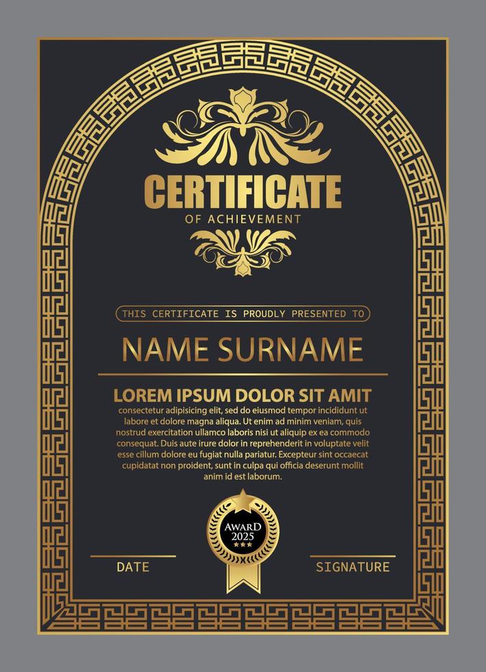 Certificate Design. Diploma currency border template. Dark colored gift voucher award background. vector