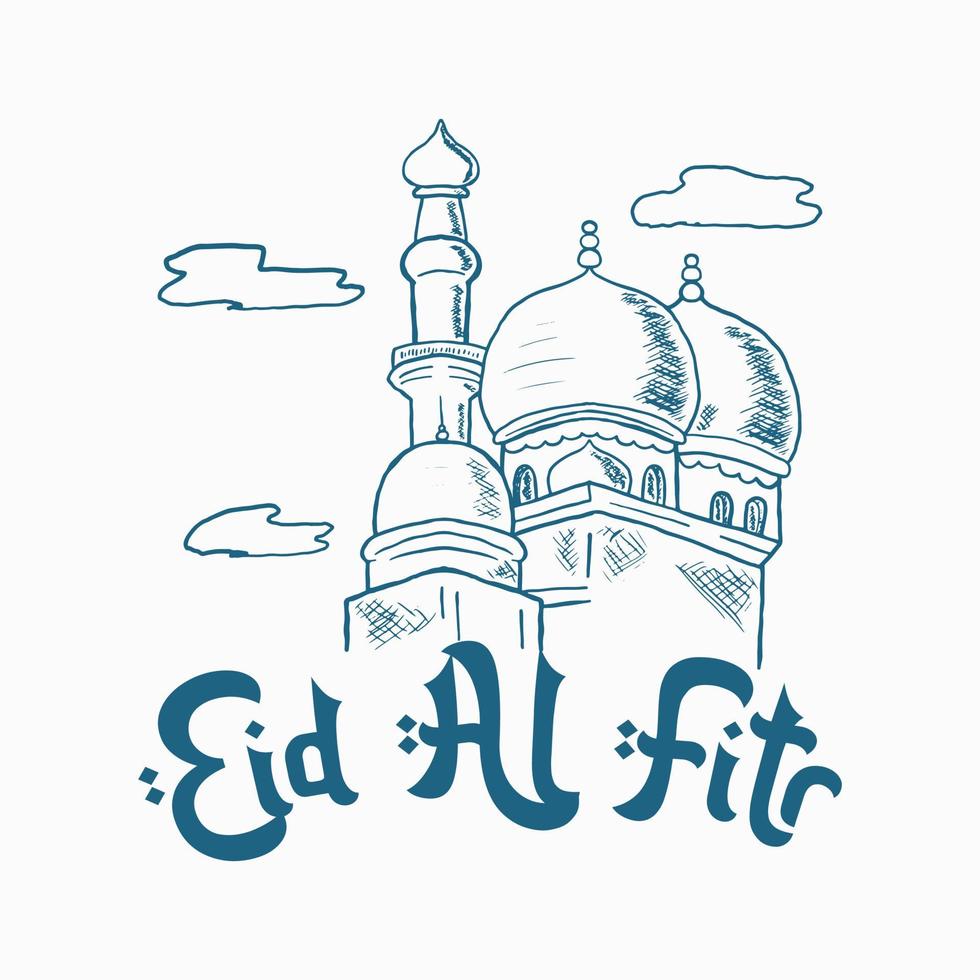 eid al fitr with mosque hand drawn style vector