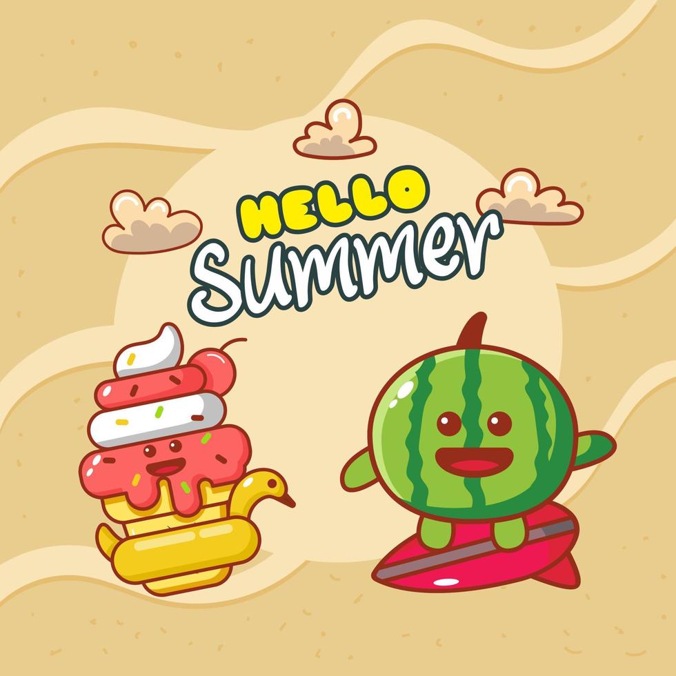 hello summer with Ice cream and watermelon vector