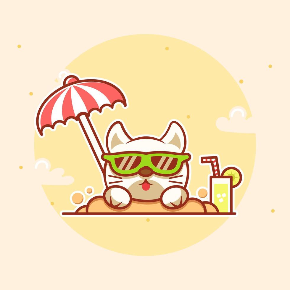 cute cat being buried on the beach sand using glasses with umbrella and juice vector