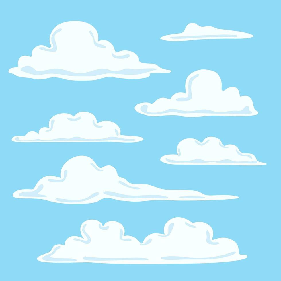 Multiple shapes of white clouds vector on blue background.