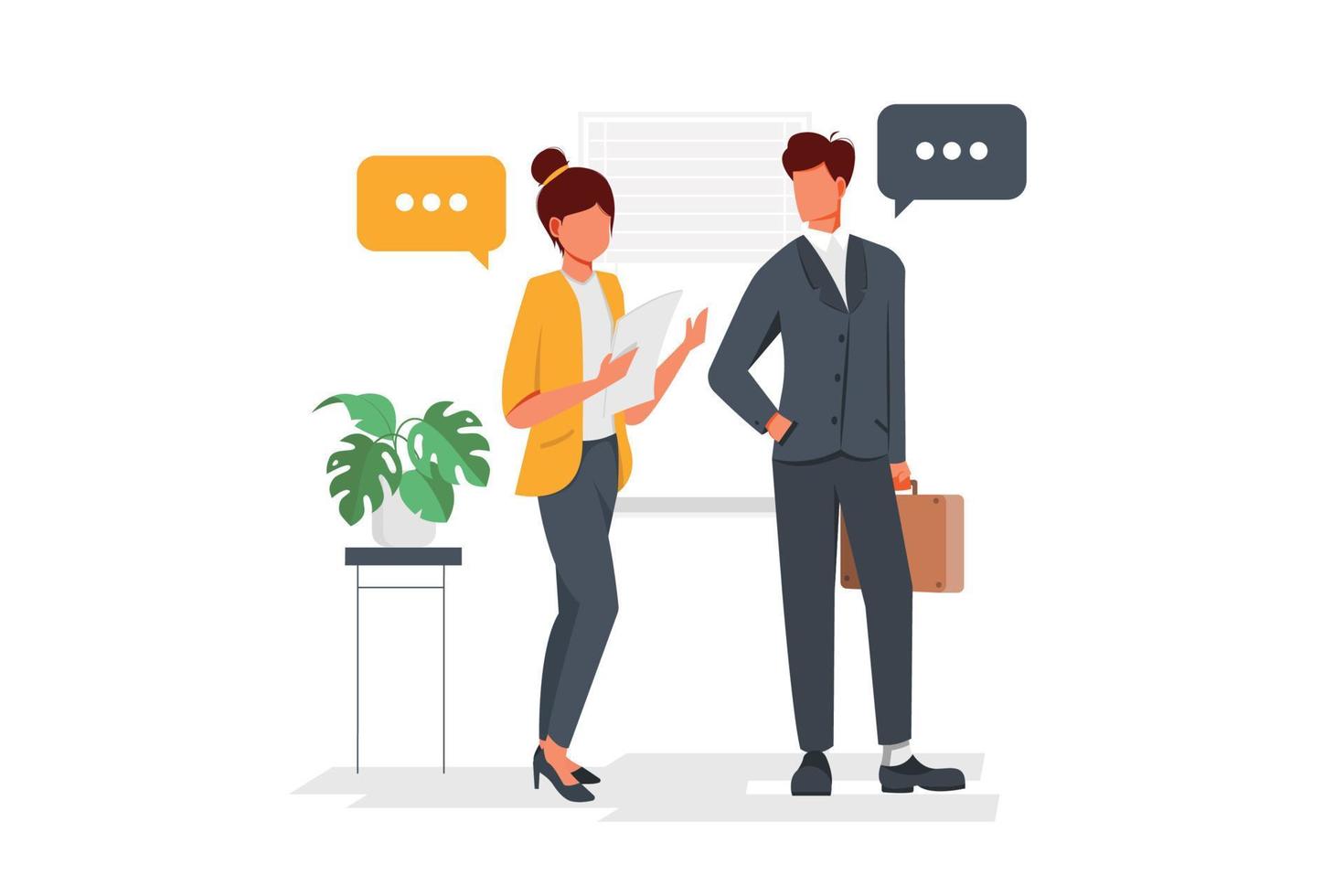 Two person talking on the office. Woman talk with boss. Colleagues work together. Manager in suit. Isolated vector illustration in cartoon style