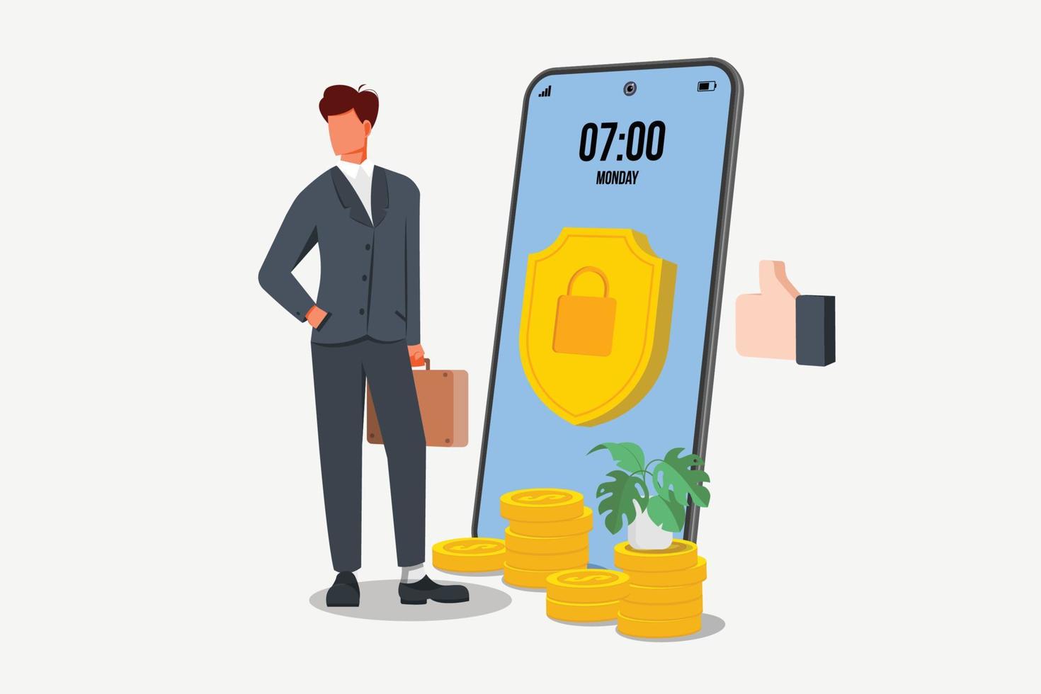 Businessman Protecting Coins. Financial safety Concept. vector