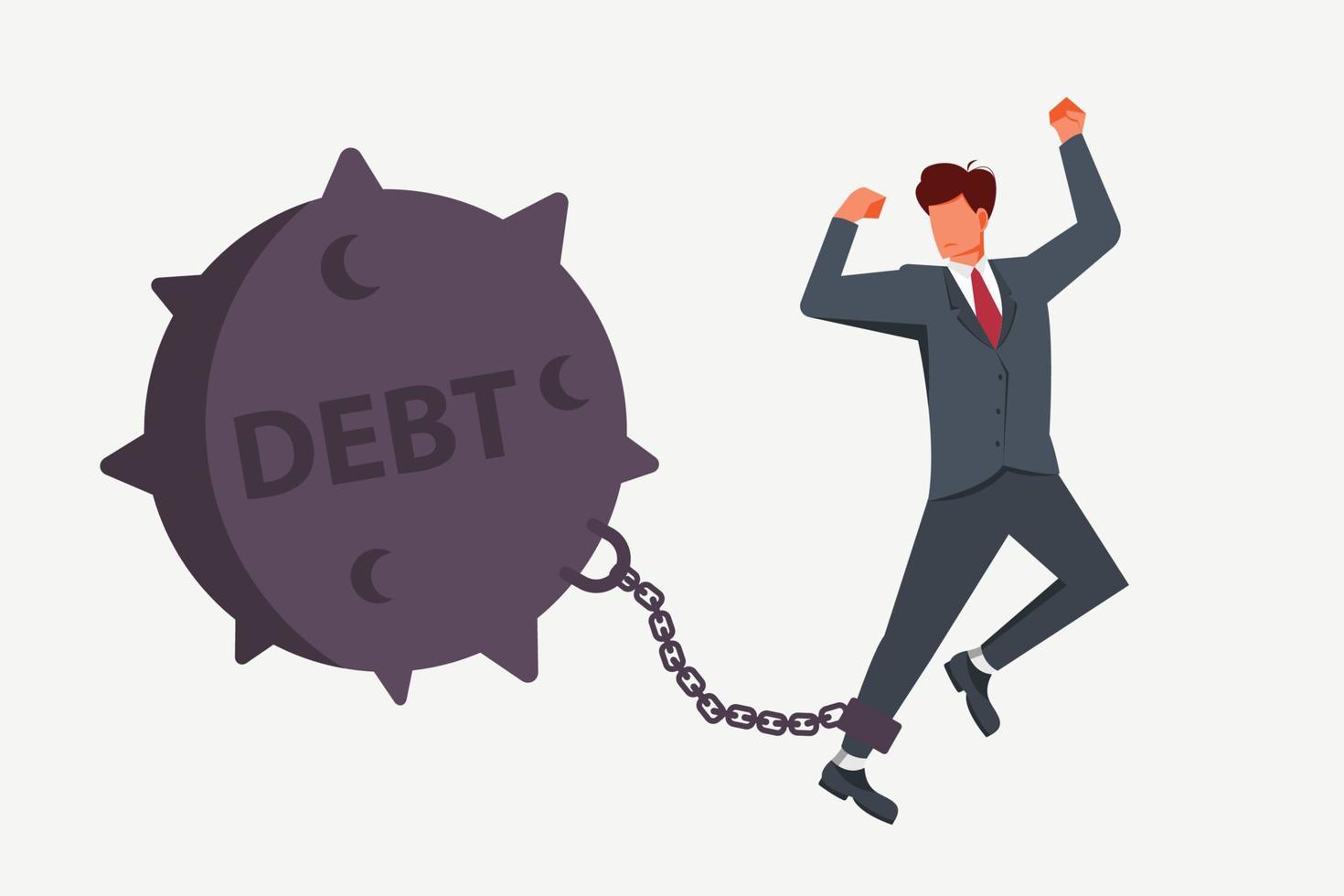 Young depressed and sad man chained and shackled to a big debt weight. dragging heavy ball in arms. Modern flat style concept vector illustration