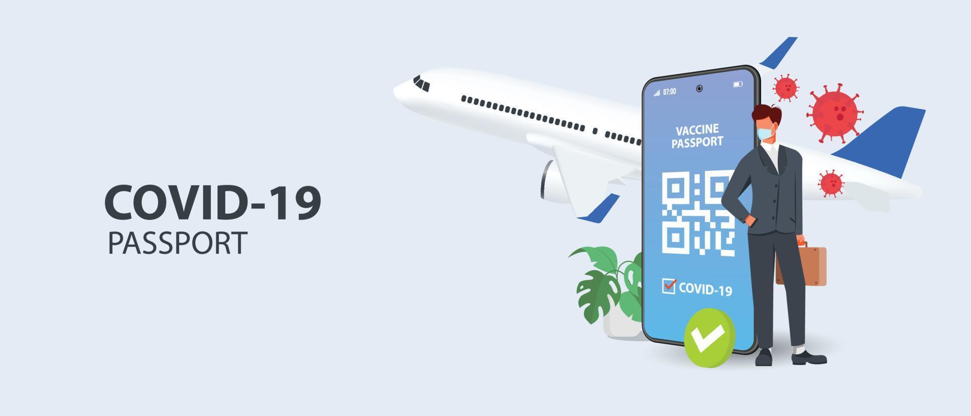 The digital  pass of the european union with the QR code on the screen of a mobile  background. Immunity from Covid-19. Travel without restrictions. vector