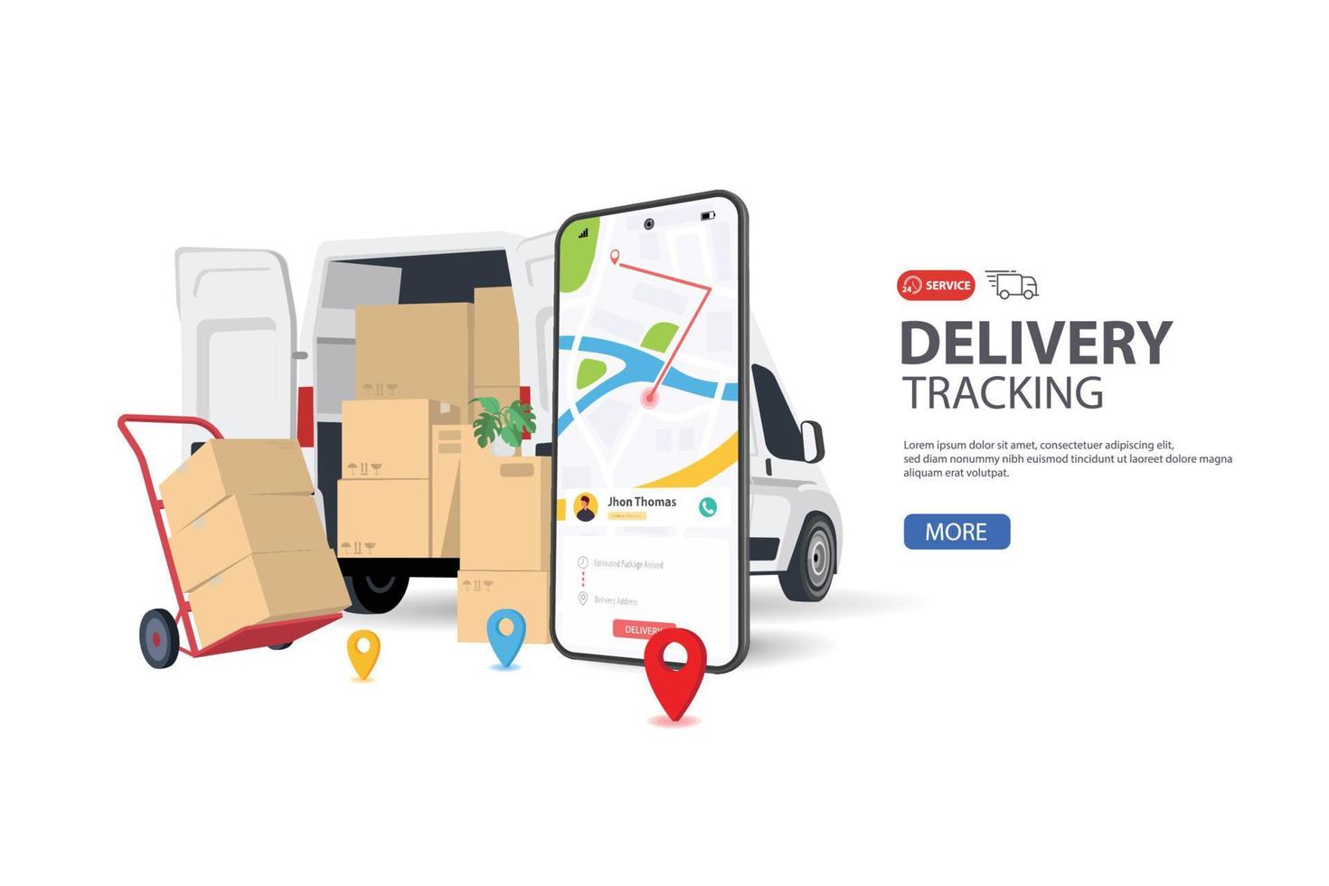 Delivery man with a box and white Van car. Vector illustration in flat style