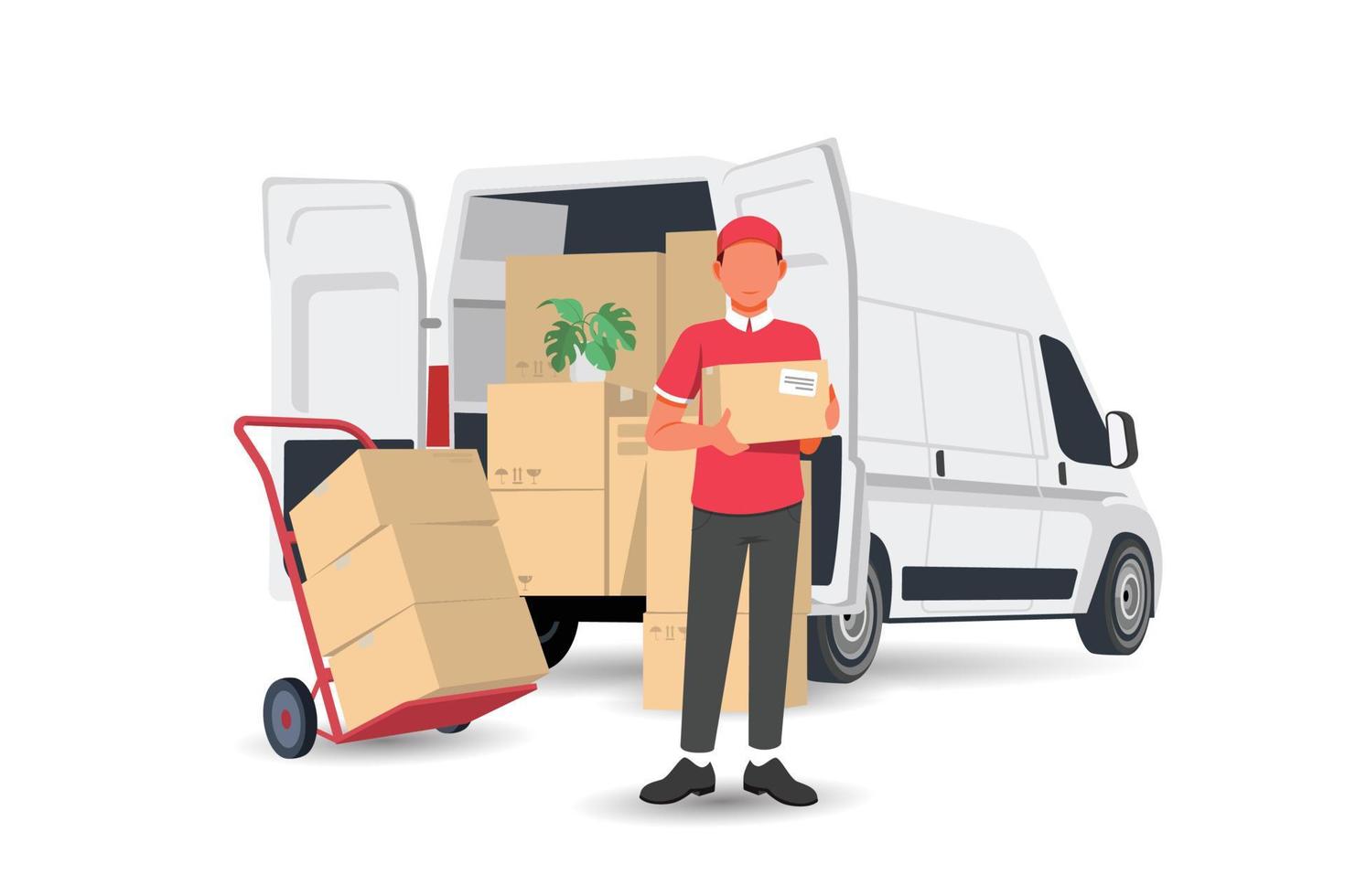 Delivery man with a box and white Van car. Vector illustration in flat style