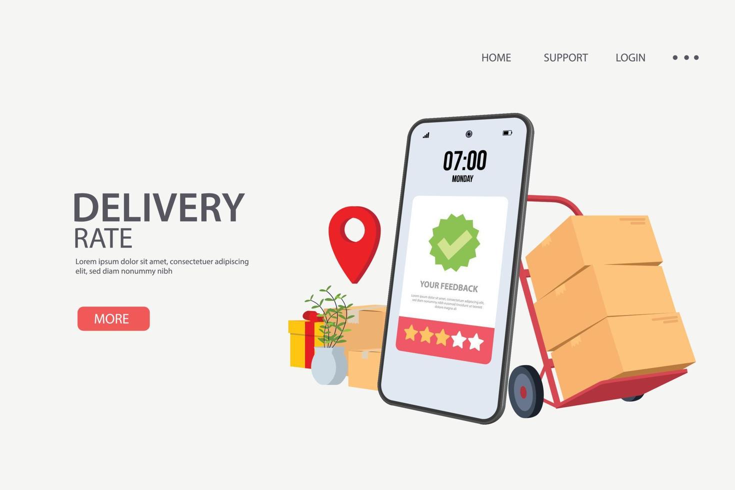 Delivery Rate or mobile shopping app concept, young man consumer holding credit cart pushing full of goods and box packages in shopping cart trolley running from website or app on mobile smart phone vector