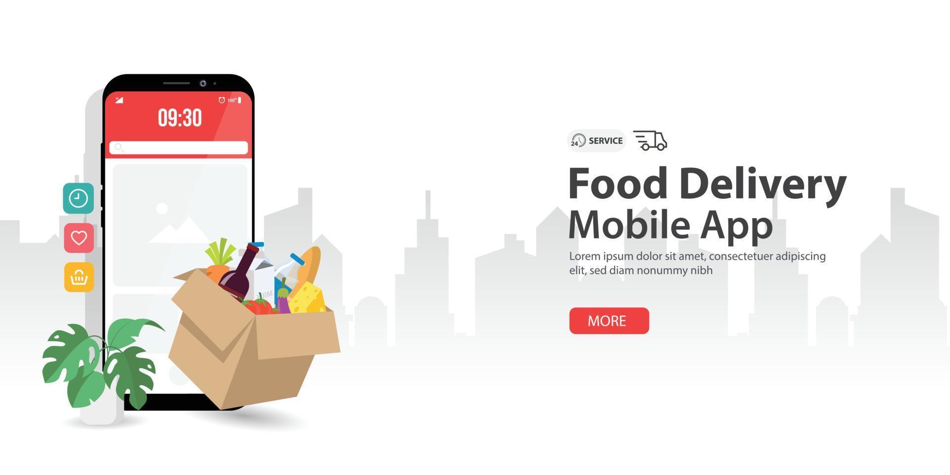 Fast delivery by box food on smartphone. Order package in E-commerce by app with background white silhouette city . Vector illustration