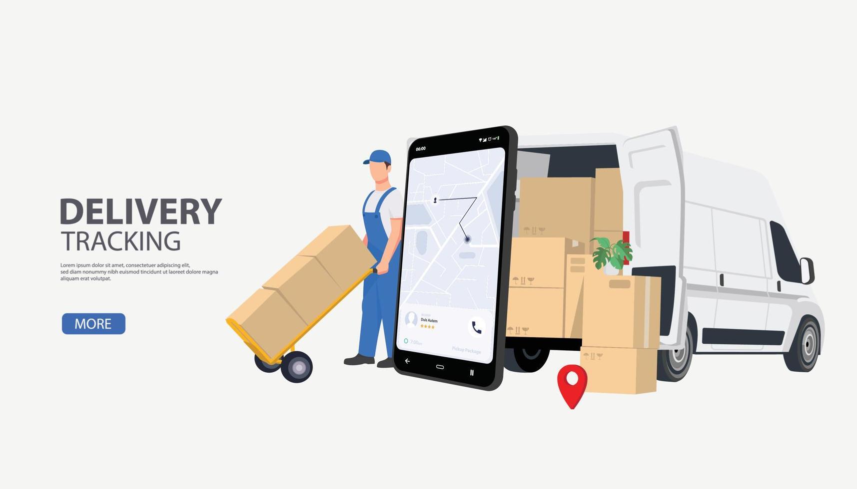 Delivery truck. Man sending delivery package with van, delivery service concept on laptop. vector