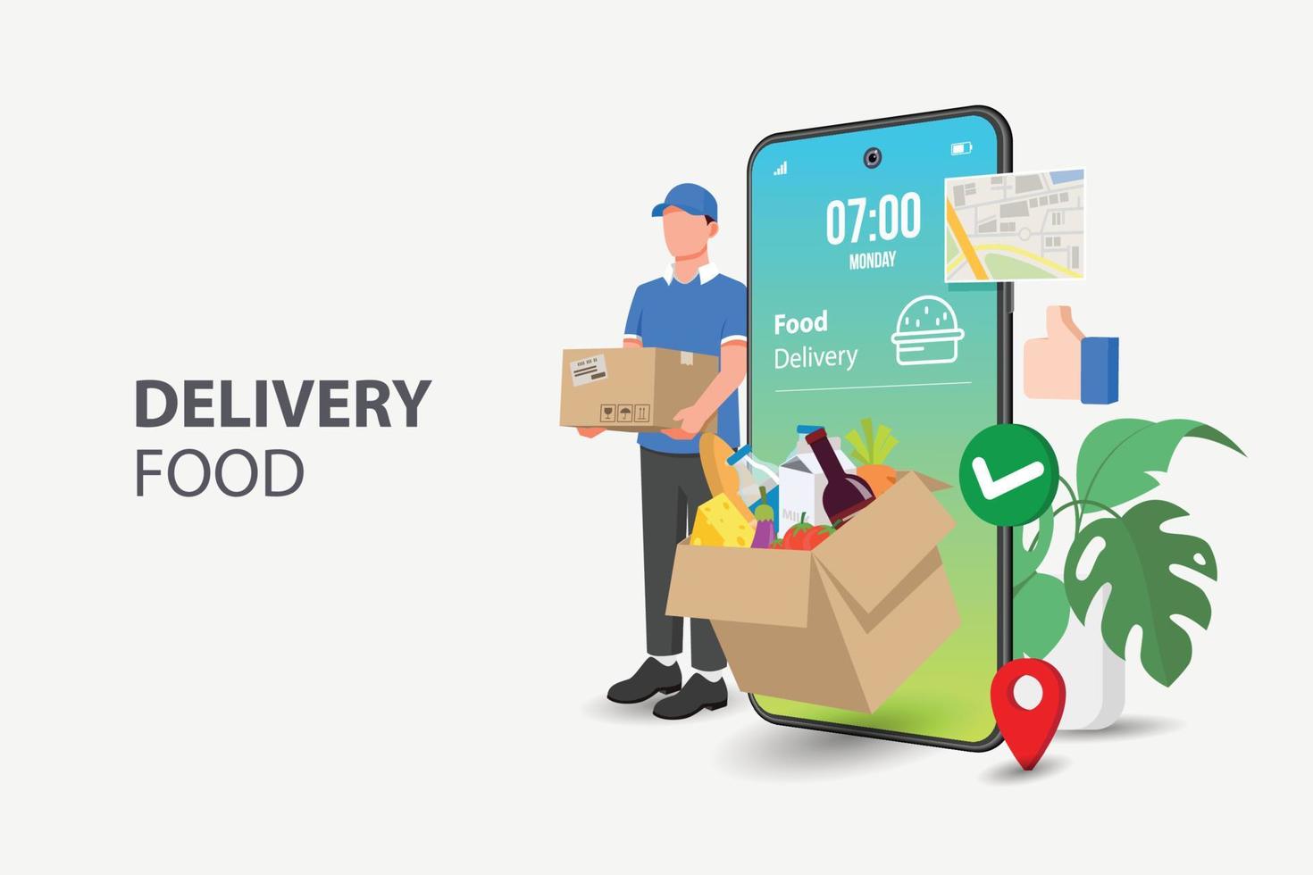 Food Delivery Man on mobile. E-commerce concept. Online food order infographic. Webpage, app design. Perspective vector