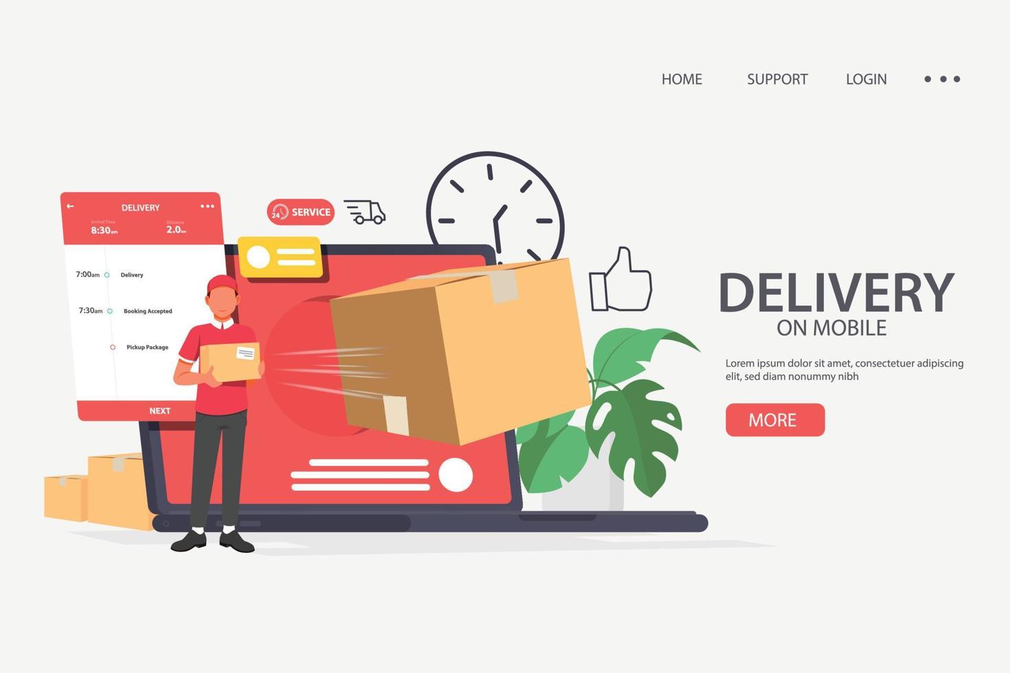 Delivery truck. Man sending delivery package with van, delivery service concept on laptop. vector